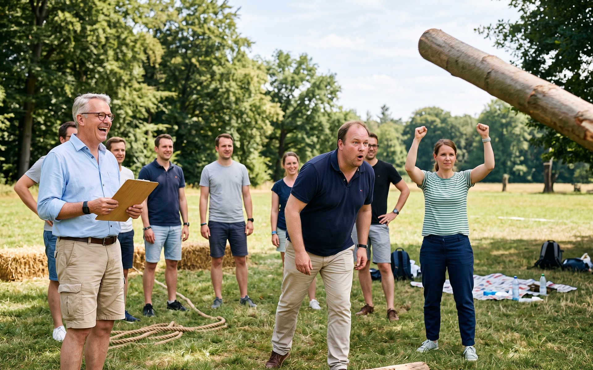 Highland Games im Westpark: Der Baumstamm fliegt, das Team jubelt.