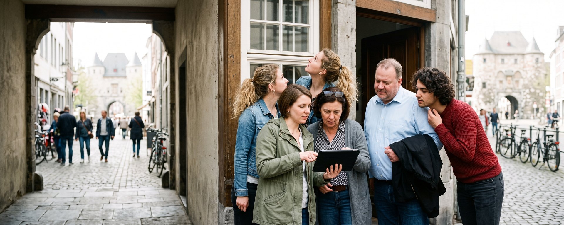 Crime Challenge in der Pontstraße: Fünf Köpfe über einem Tablet, das Ponttor im Hintergrund.