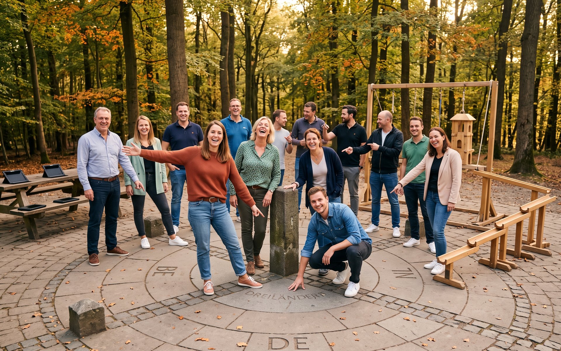 Team Challenge am Dreiländereck: Ein Fuß in Deutschland, einer in Belgien, alle lachen.