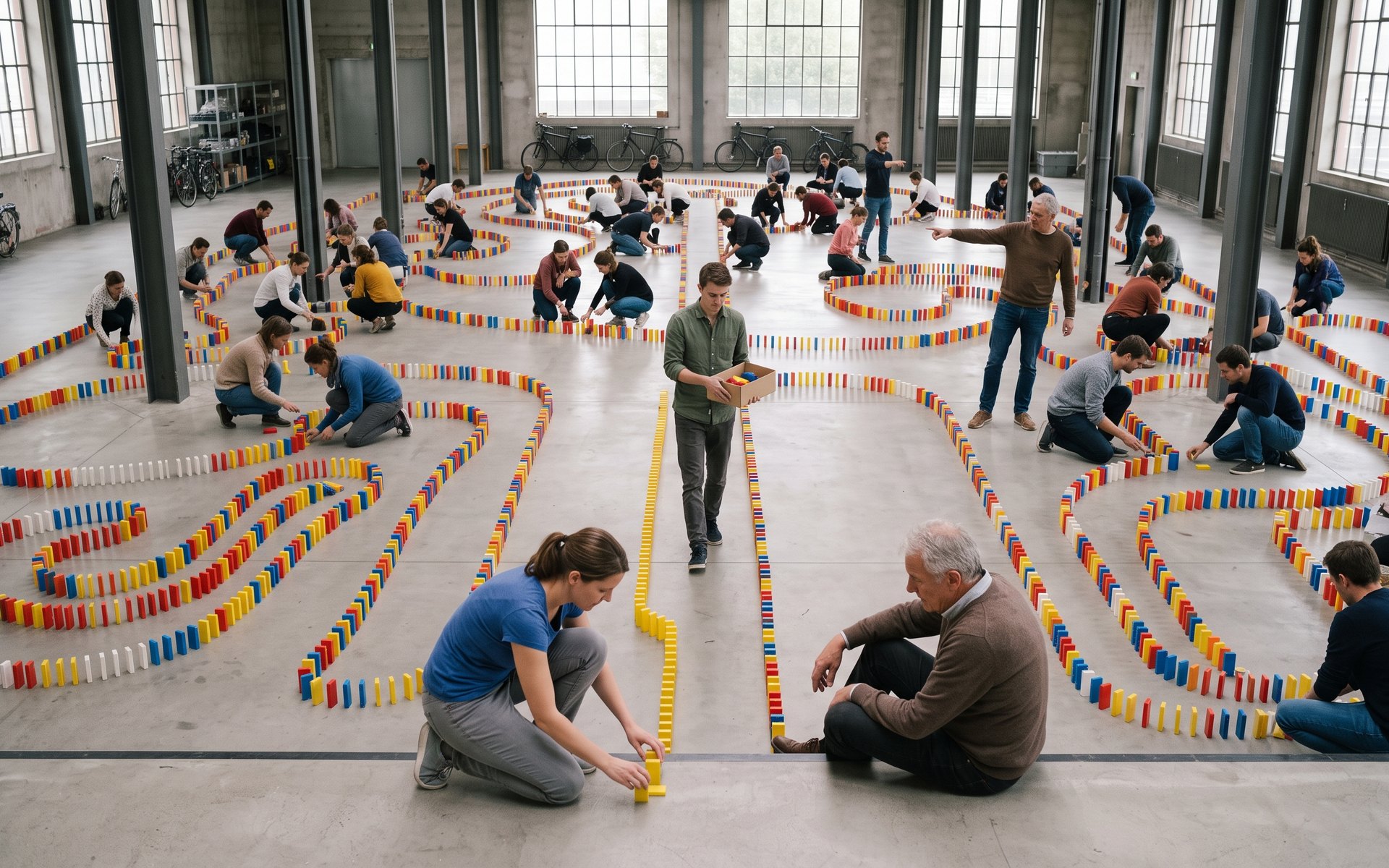 Domino Challenge in a canal-house loft: thirty colleagues on their knees, thousands of stones, nobody looks up. (AI-generated illustrative image)