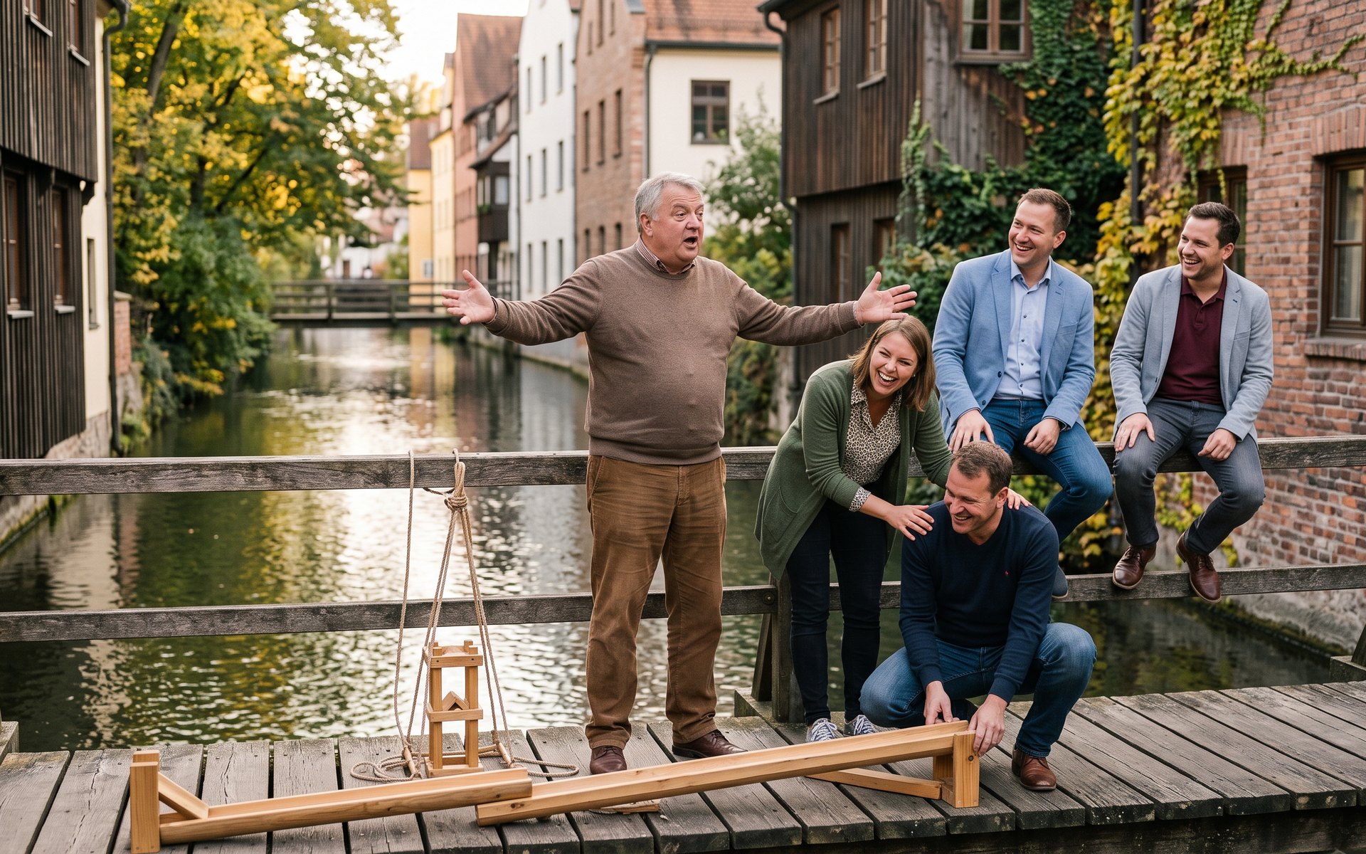 Team Challenge an den Lechkanälen: Einer erzählt, die anderen lachen.