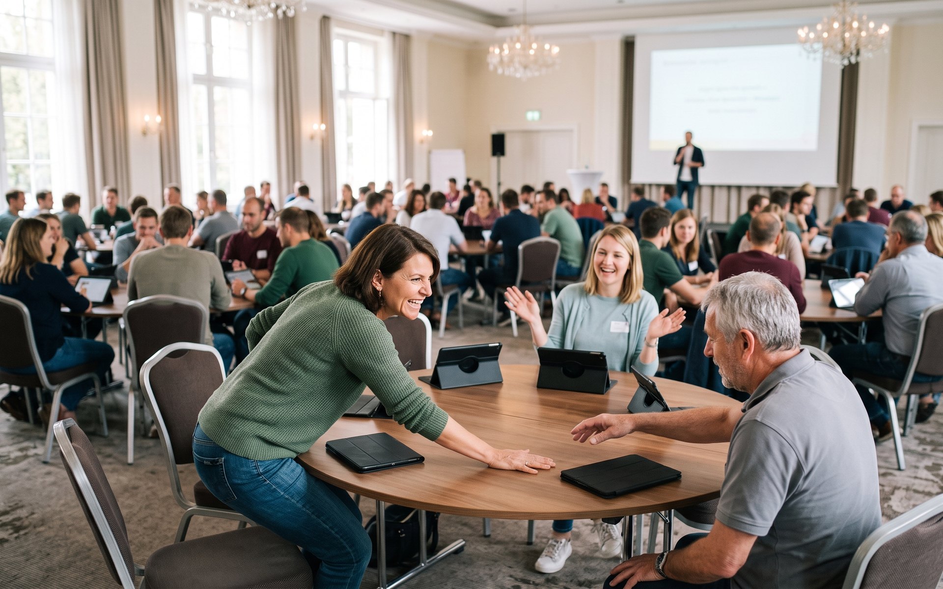 Quizshow im Festsaal: Der Tisch vorn hat es spektakulär falsch, der ganze Saal lacht.