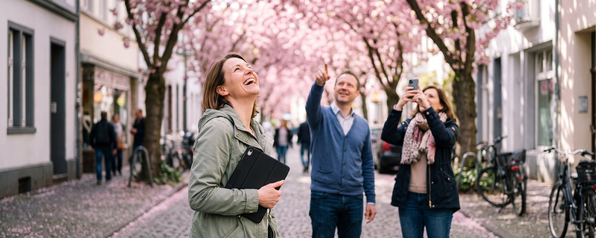 Stadtrallye unter der Kirschblüte: Die Heerstraße im April als Spielfeld.
