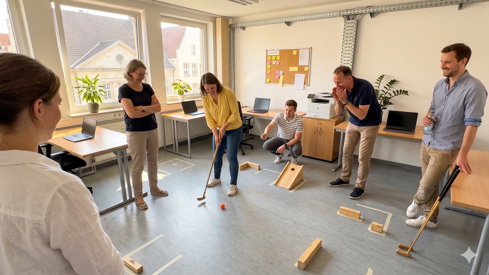 Six colleagues, nine obstacles between the desks — and suddenly the one from sales wins.