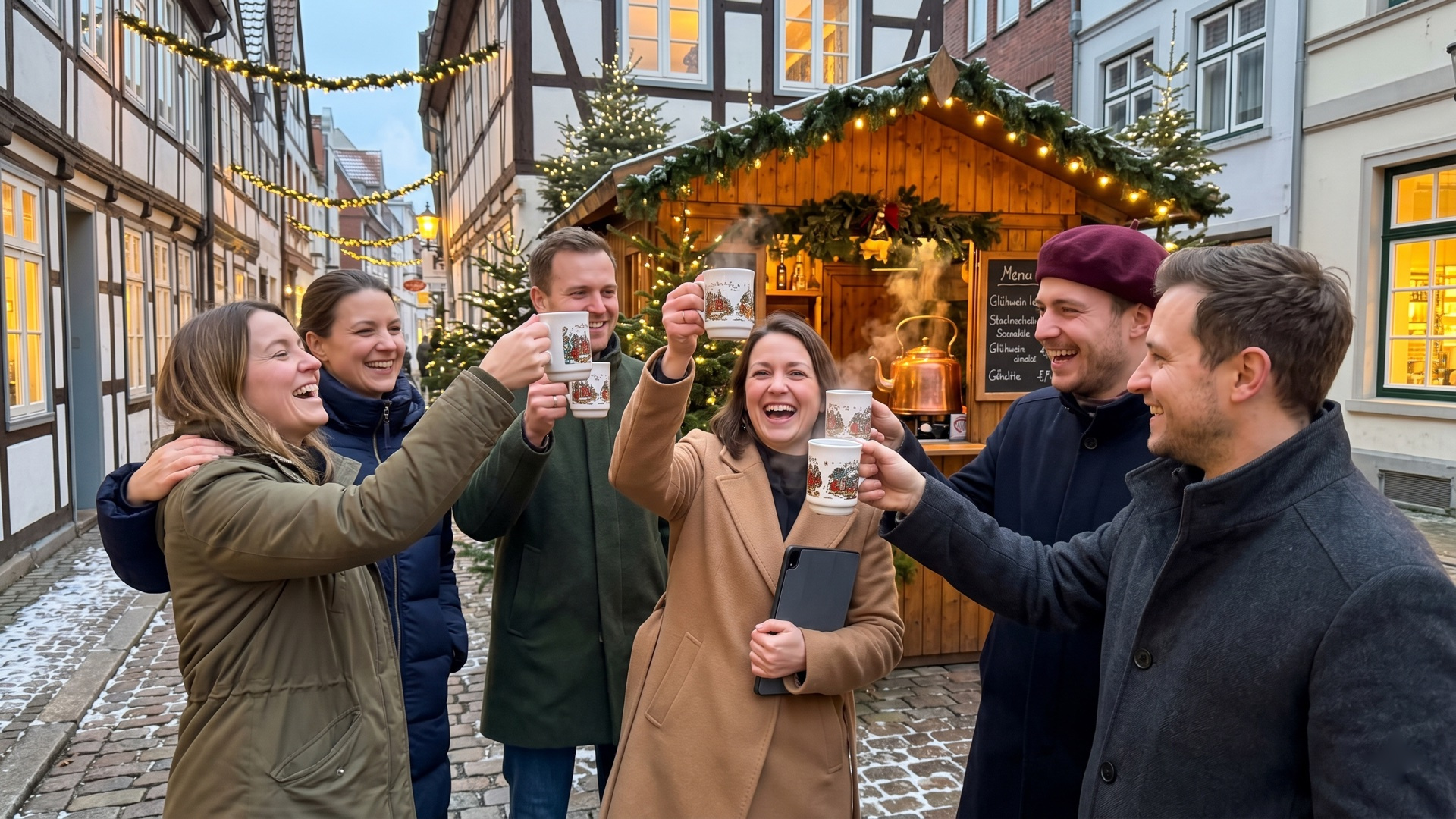 Schnoorviertel im Dezember, Glühwein in der Hand, fünfter Hinweis gelöst — Weihnachtsfeier mit echter Bremer Kulisse.