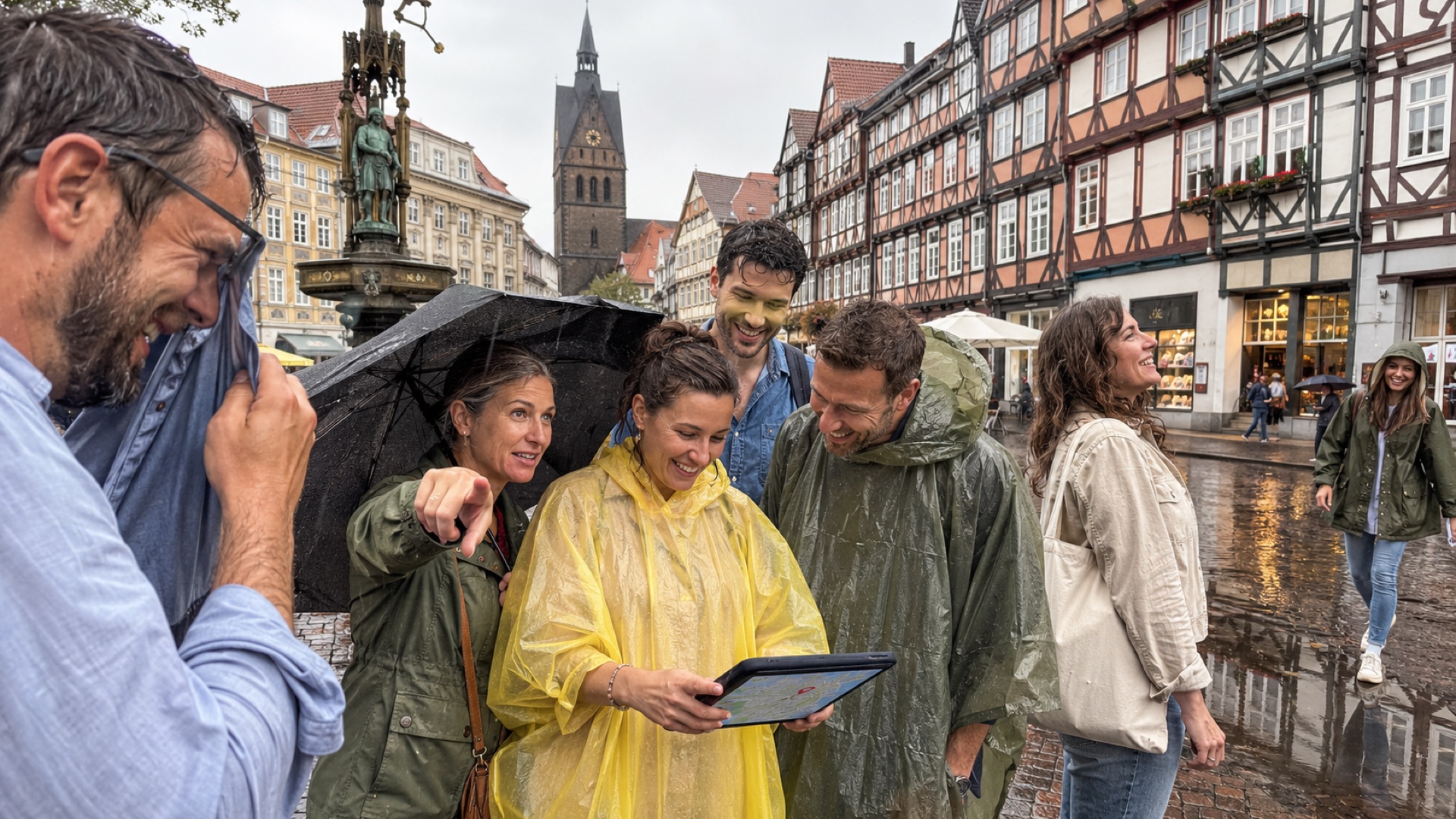 Erfurt zeigt sich selbst im Nieselregen von seiner schönsten Seite — Fachwerk, Krämerbrücke und eine Gruppe, die dem nächsten Hinweis folgt.