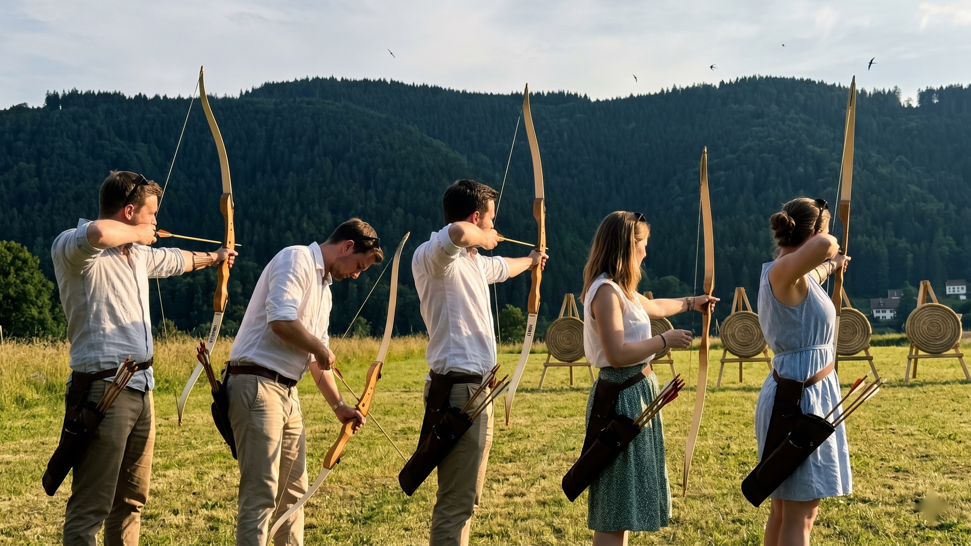Schwarzwaldwiese, fünf Bögen, Abendlicht — Bogenschießen mit Hügelkulisse statt Halle.