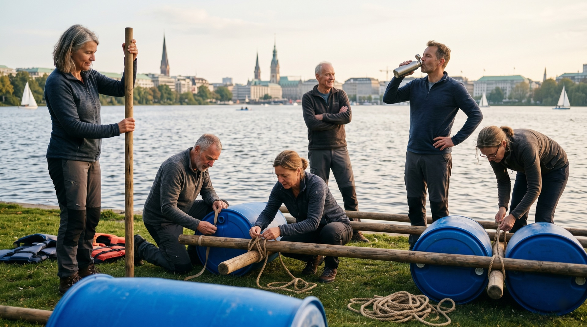 Eight people, blue barrels, a ship's horn answers. That's the Hamburg hour — and it holds.