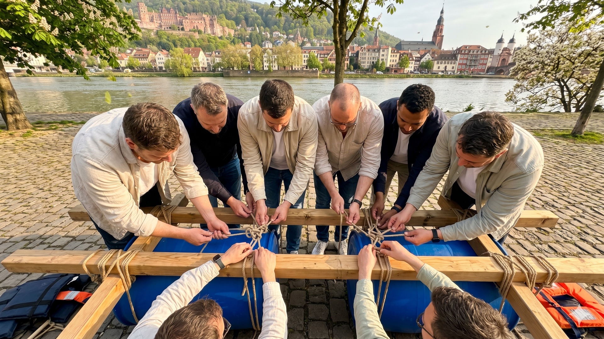Eight hands, one raft frame, the castle as witness — on the Neckar the knot wants learning first.
