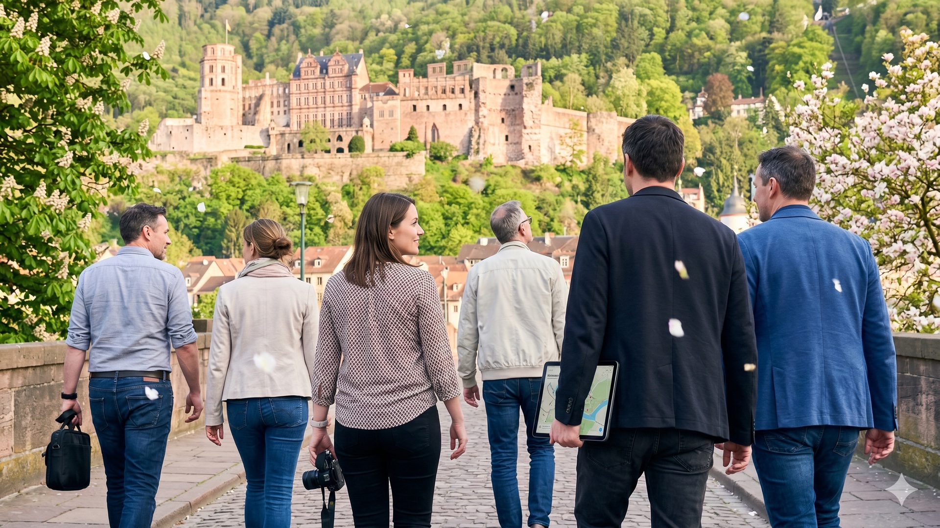 Das Schloss voraus, Kirschblüten am Geländer — Heidelberg im Frühling ist die einfachste Rallye-Kulisse, die wir kennen.