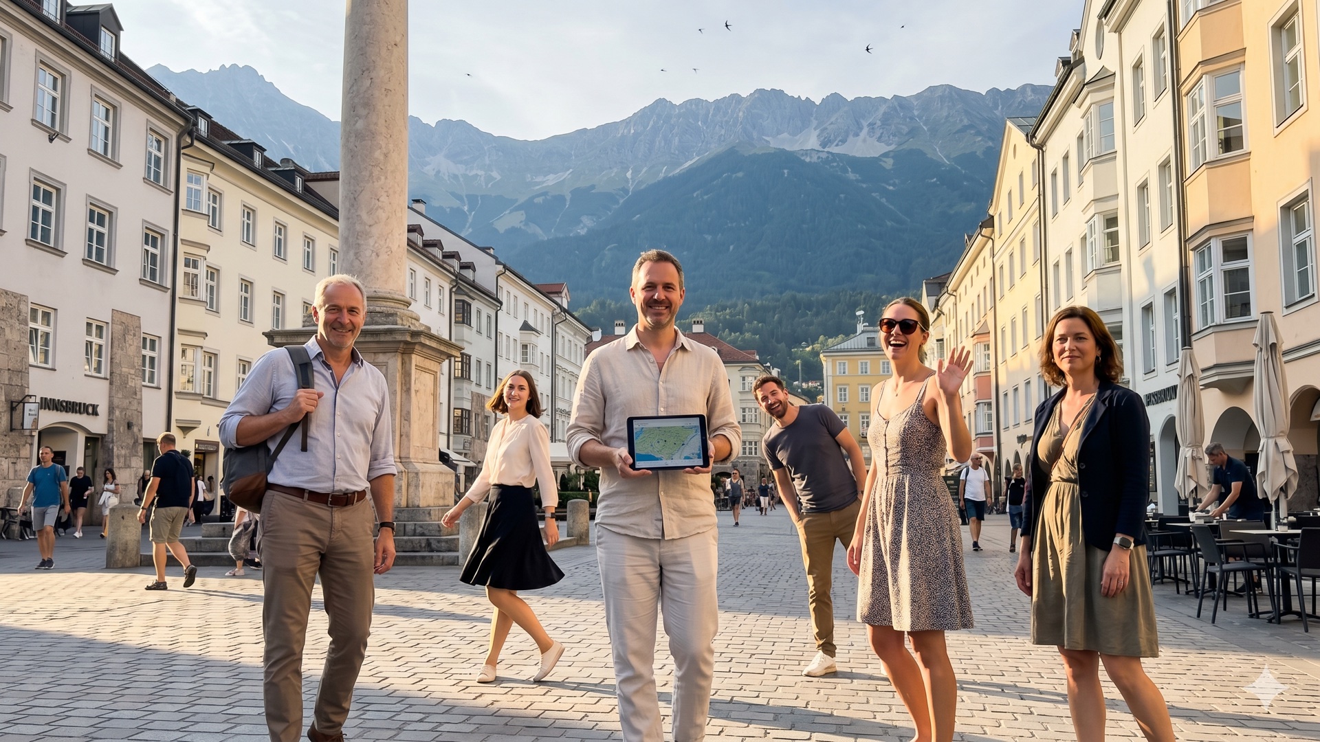 Maria-Theresien-Straße im Juni, Annasäule rechts, Nordkette voraus — Innsbruck zeigt selbst, wo die nächste Station wartet.