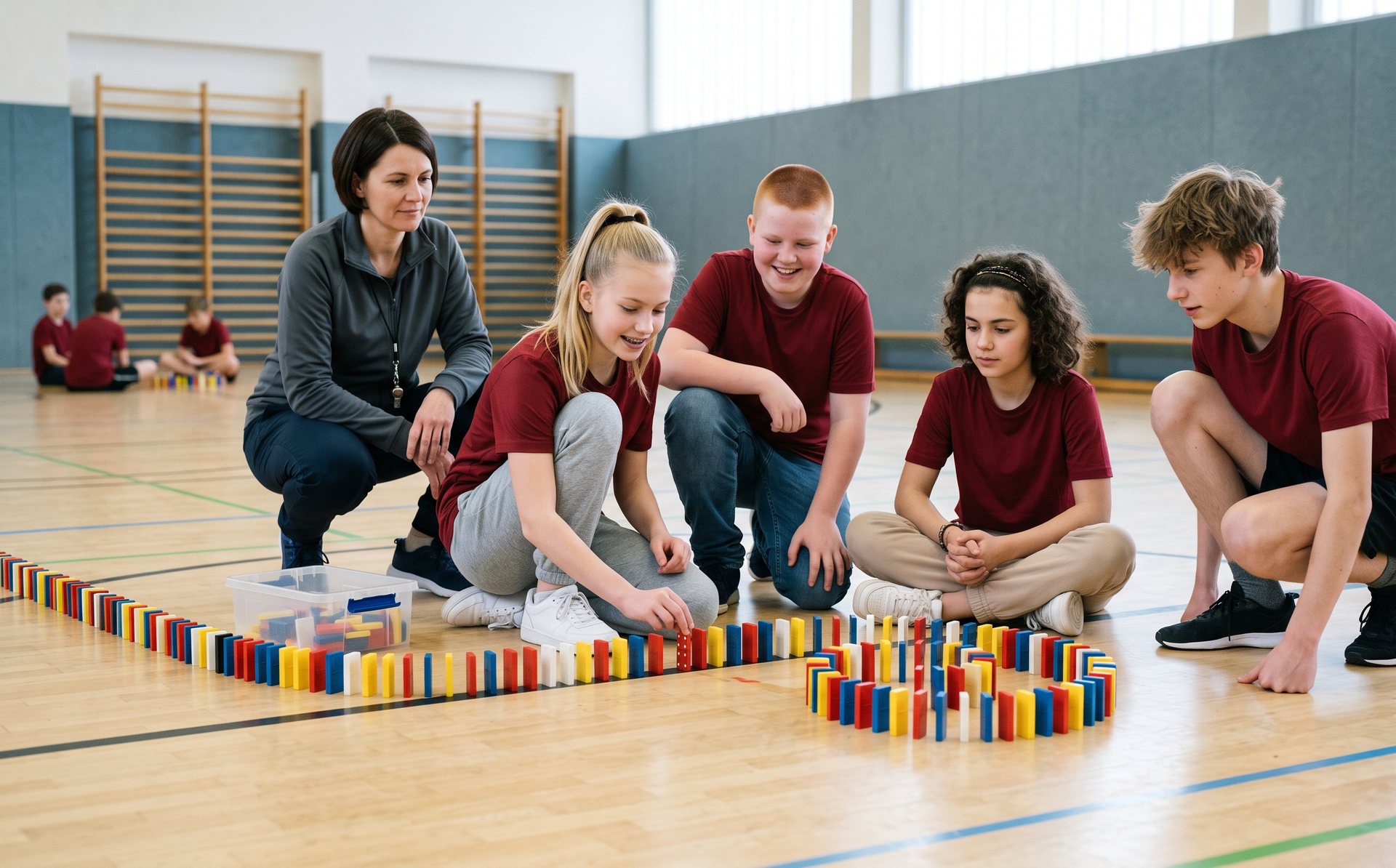 Jugendabteilung eines Sportvereins baut mit ihrer Trainerin eine Dominostrecke in der Sporthalle (KI-generiertes Symbolbild)