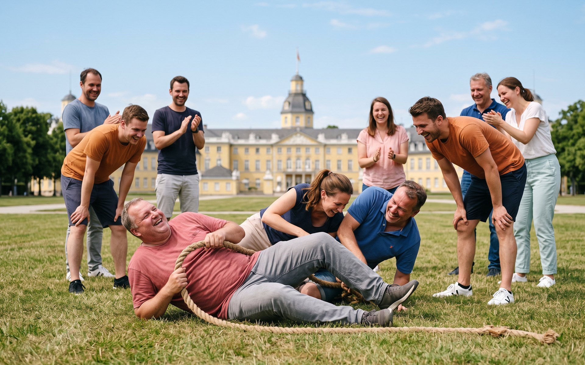 Highland Games im Schlossgarten: Tauziehen vor der Fächerstadt-Kulisse.