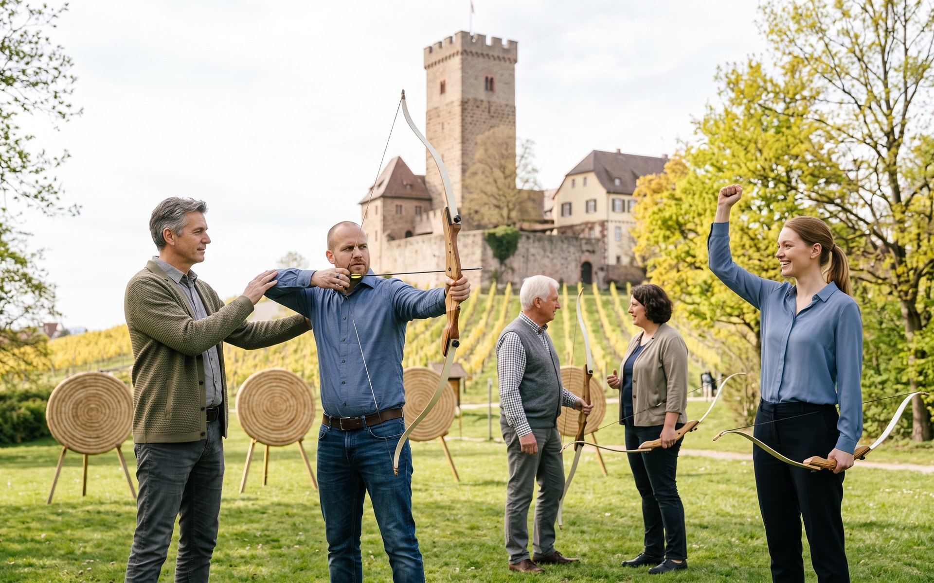 Archery in the green: concentration, then the cheer.