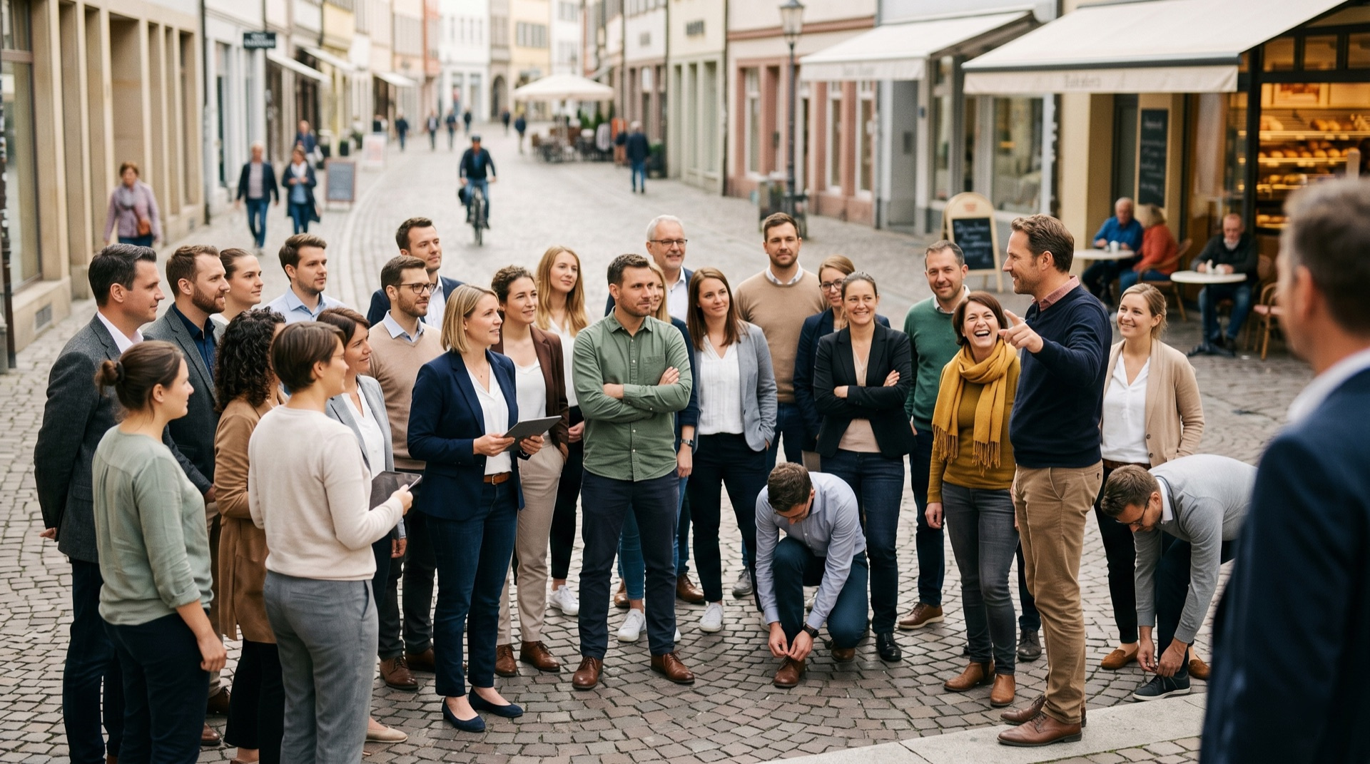 Bevor die Teams losziehen, steht noch einmal alle zusammen — kurze Einweisung, viel Vorfreude, und dann gehört die Stadt euch.