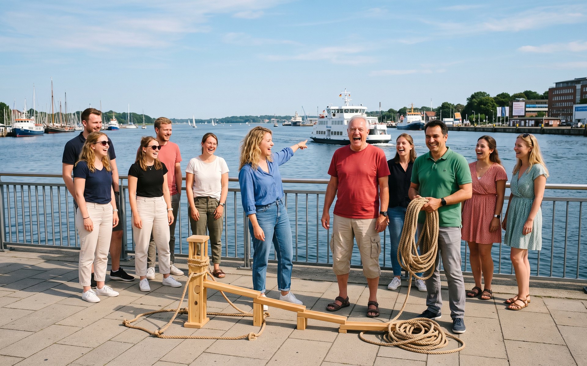 Team Challenge an der Kiellinie: Gruppenfoto zum Start, die Förde im Rücken.