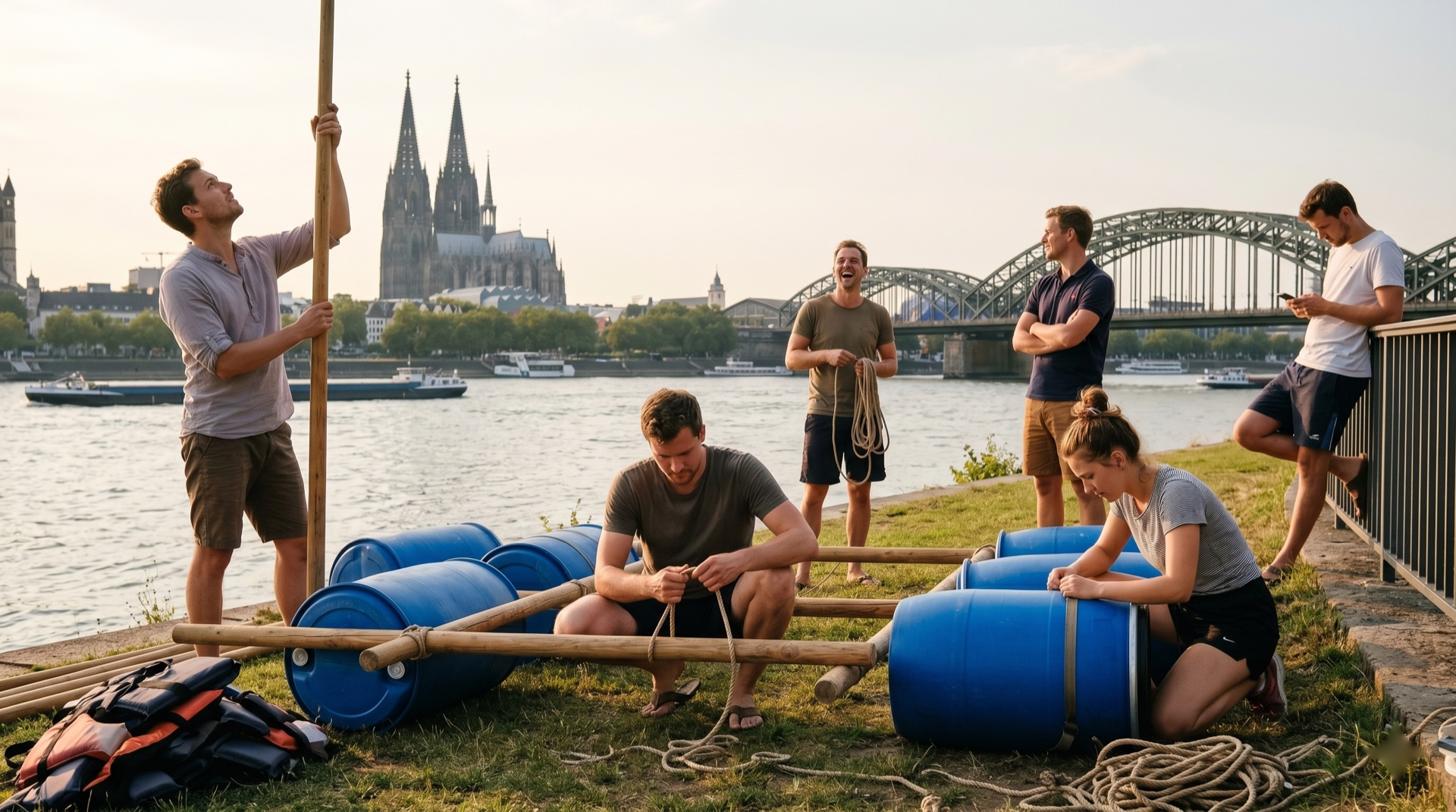 Beim Floßbau am Rhein zeigen sich die Handwerker — und die Kollegen, die immer alles erklären, lernen plötzlich zu.