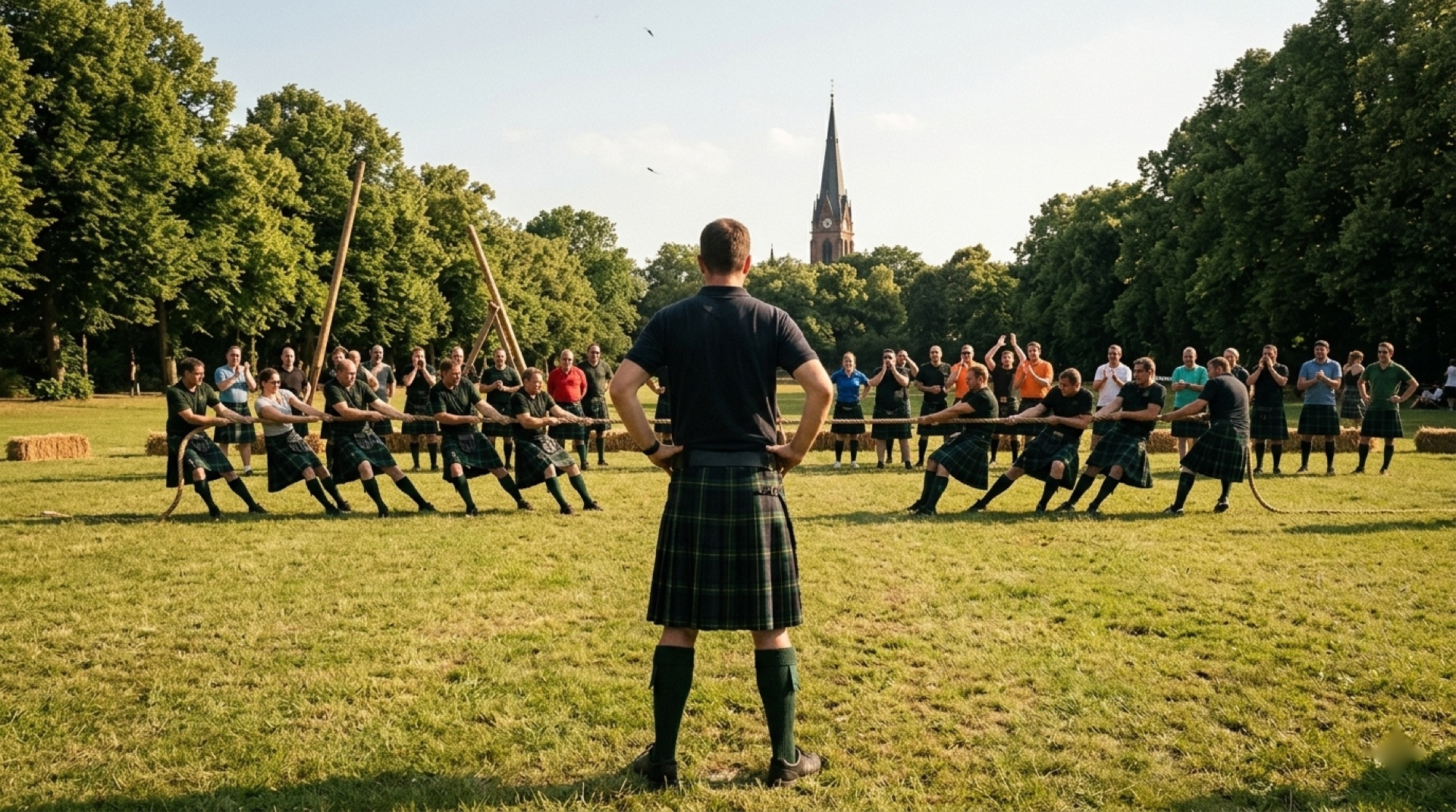 Fourteen hands on the rope, fifty roaring around them. Highland Games have no quiet moment — and that's the gift. (AI-generated illustrative image)
