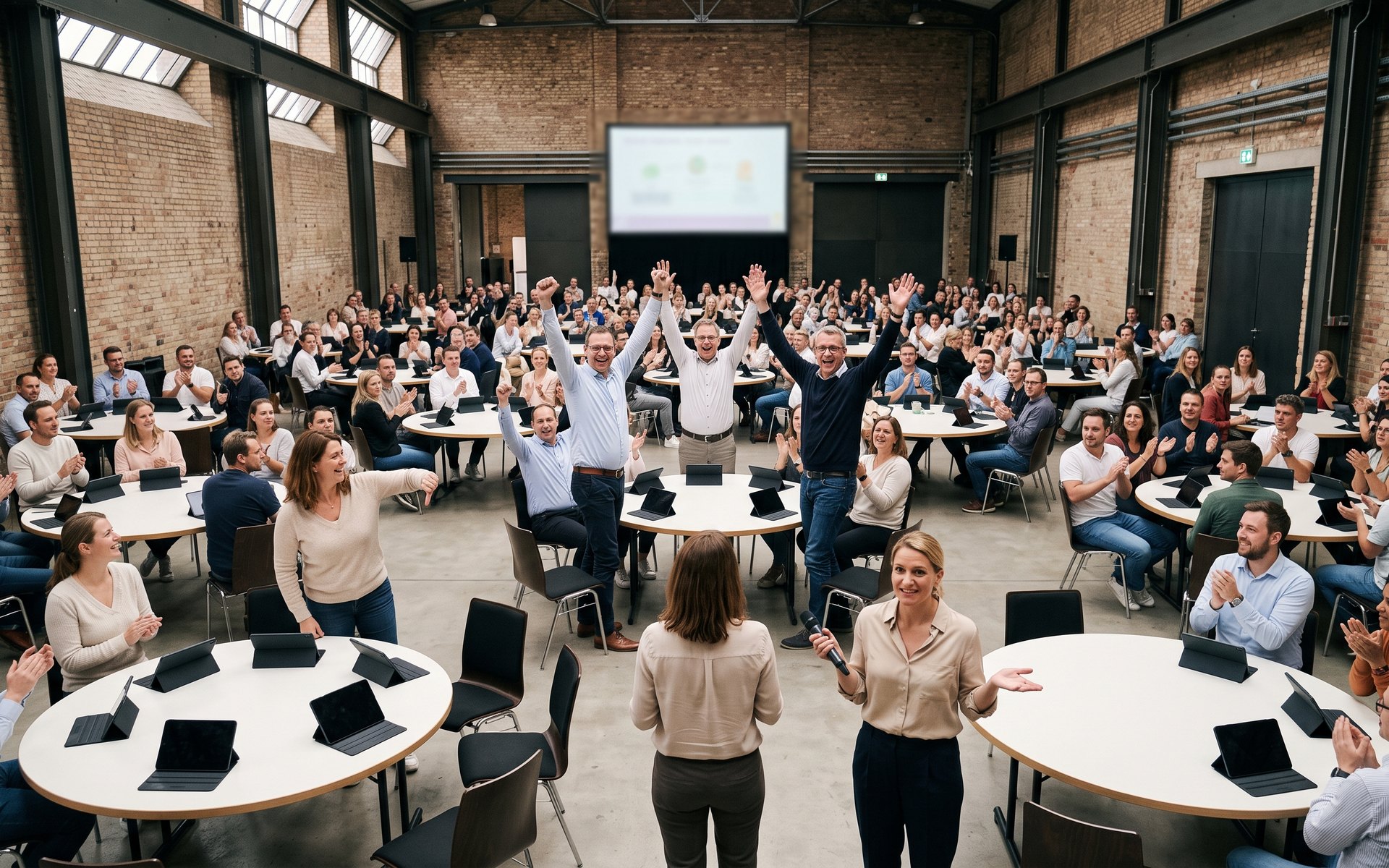 Quizshow in der Werkhalle: Der Gewinnertisch steht auf den Stühlen, der Rest buht liebevoll.