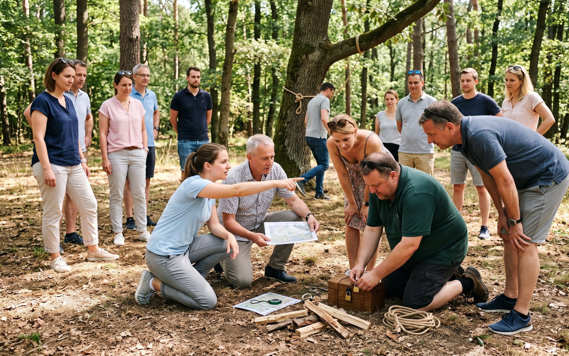 Escape the Forest im Käfertaler Wald: Karte, Kompass und Truhe liegen am Boden, einer hat den Code.