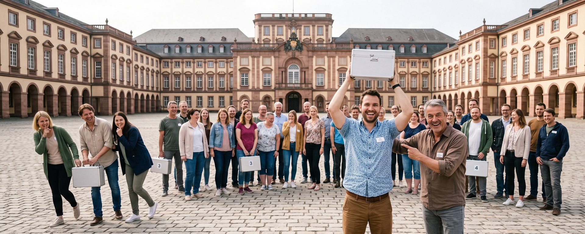 Escape the City im Ehrenhof des Schlosses: Startfoto, ein Team schleicht sich schon davon.