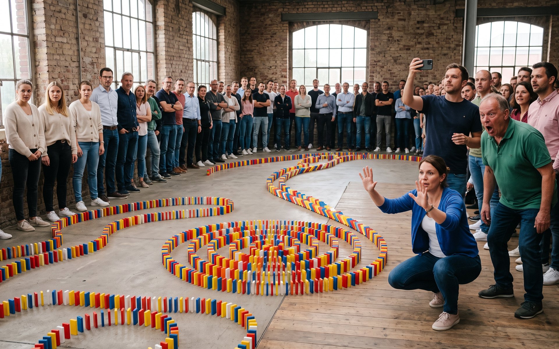Domino Challenge im Jungbusch-Loft: Der erste Stein kippt, fünfzig Köpfe folgen der Welle.