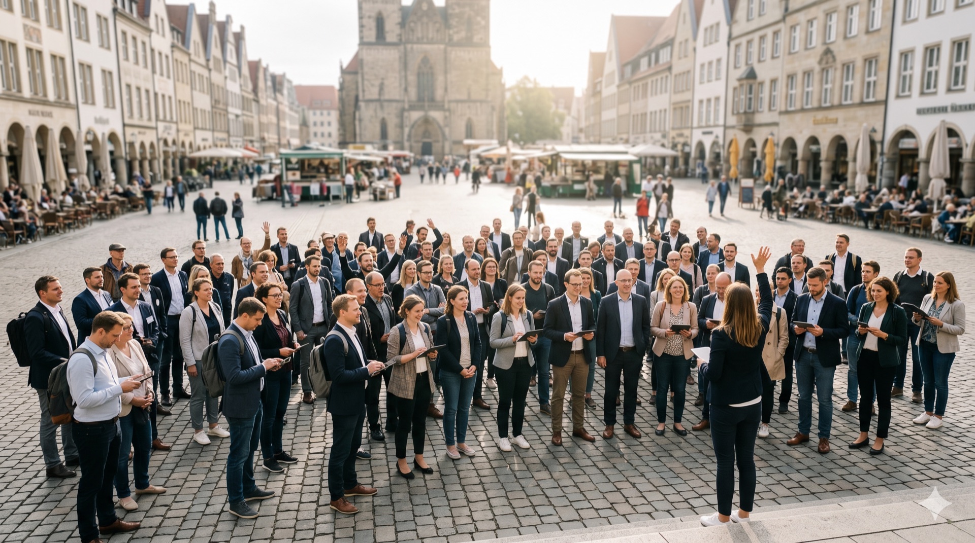 Unter den Bögen des Prinzipalmarkts versammelt sich die ganze Mannschaft, bevor es losgeht — und schon hier liegt die Vorfreude in der Luft.