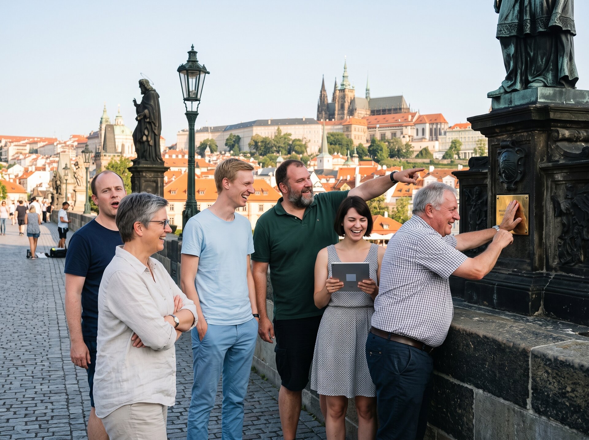 GPS Stadtrallye auf der Karlsbrücke: Wer die goldene Tafel findet, darf sie auch anfassen. (KI-generiertes Symbolbild)