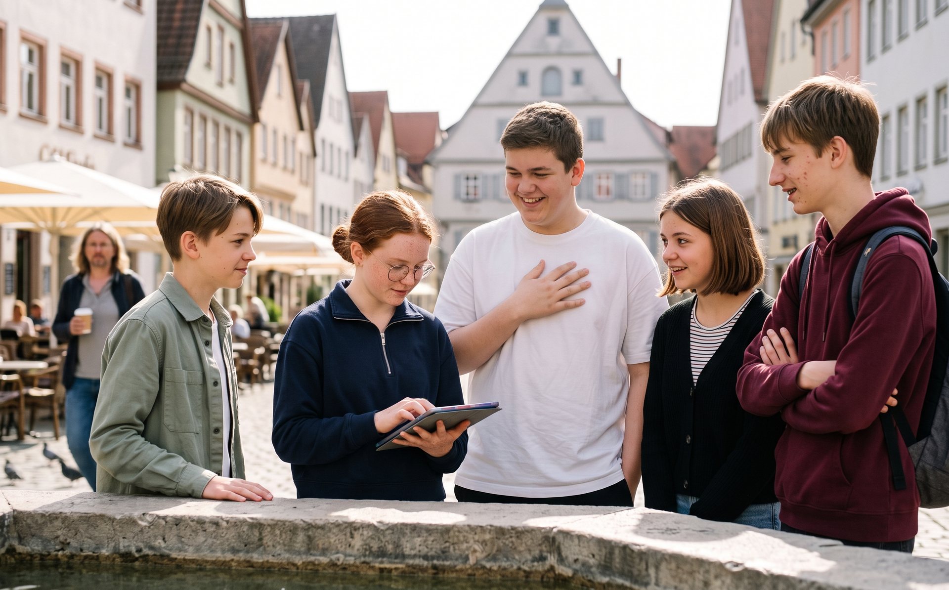 Neunte Klasse bei der GPS Stadtrallye am Marktbrunnen einer Altstadt (KI-generiertes Symbolbild)