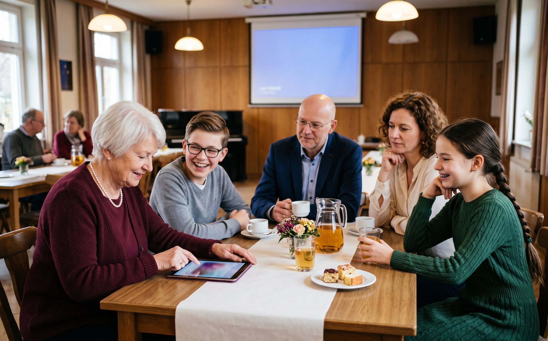 Chor beim Vereinsjubiläum: Jugendliche und Ältere spielen die Quizshow am Tablet (KI-generiertes Symbolbild)
