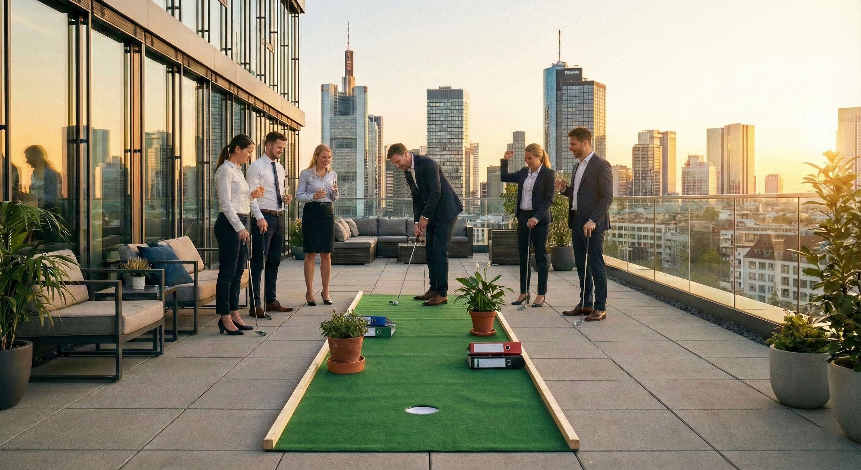 Office Golf: creative courses during the team event (AI-generated illustrative image)