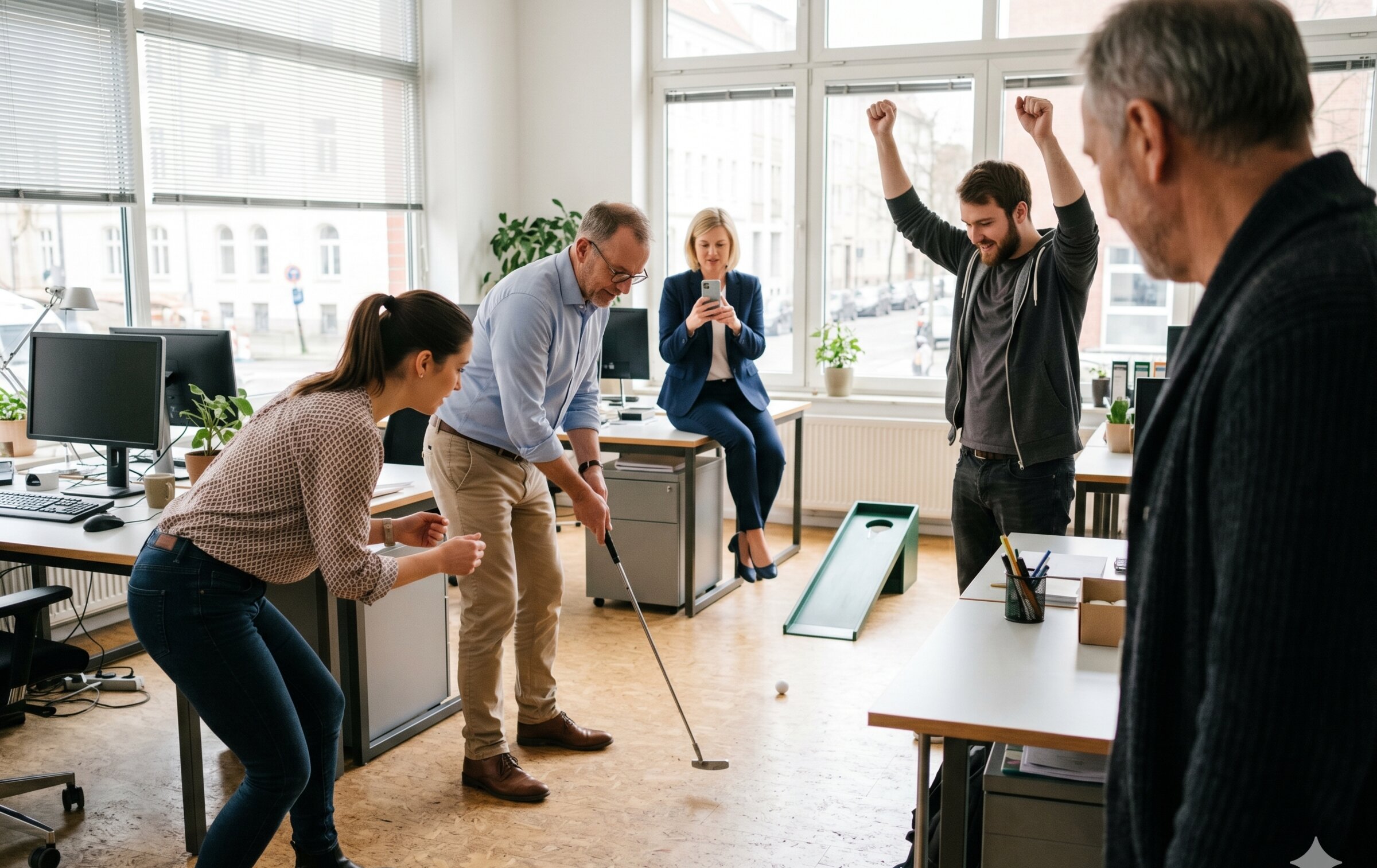 Group enjoying Office Golf/Hotel Golf as a corporate team event (AI-generated illustrative image)
