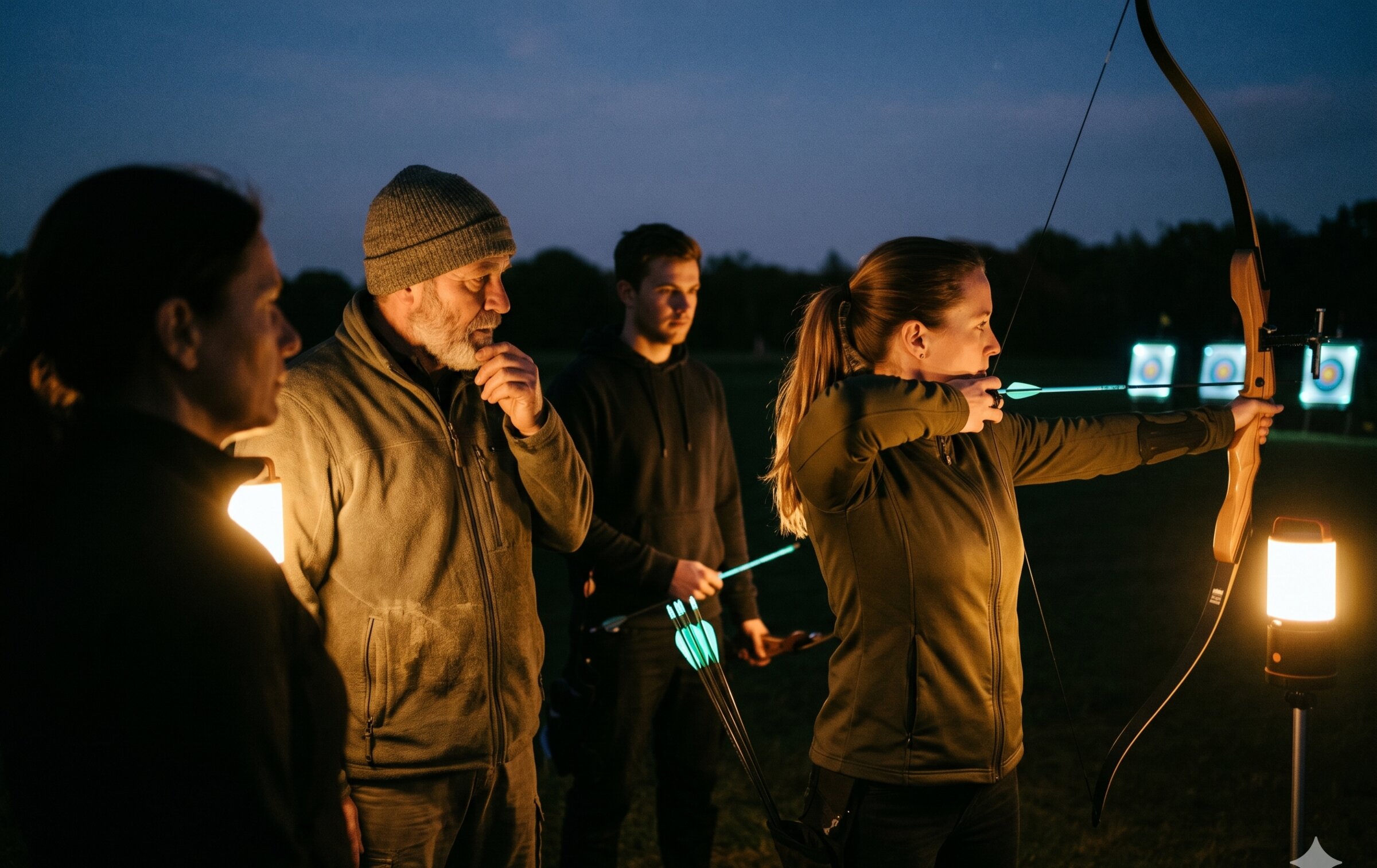 Gruppe beim Nachtbogenschießen als Firmen-Teamevent
